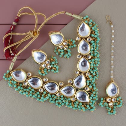LUCKY JEWELLERY Back Meenakari 18k Gold Plated Mint Color Tika Earring Combo Uncut Big Faux Kundan Choker Necklace set (1122-J5SK-1698-MNT) LUCKY JEWELLERY Back Meenakari 18k Gold Plated Mint Color Tika Earring Combo Uncut Big Faux Kundan Choker Necklace set (1122-J5SK-1698-MNT)