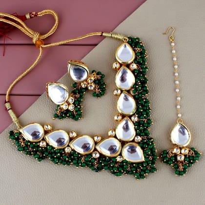 LUCKY JEWELLERY Back Meenakari 18k Gold Plated Green Color Tika Earring Combo Uncut Big Faux Kundan Choker Necklace set (1122-J5SK-1698-G) LUCKY JEWELLERY Back Meenakari 18k Gold Plated Green Color Tika Earring Combo Uncut Big Faux Kundan Choker Necklace set (1122-J5SK-1698-G)