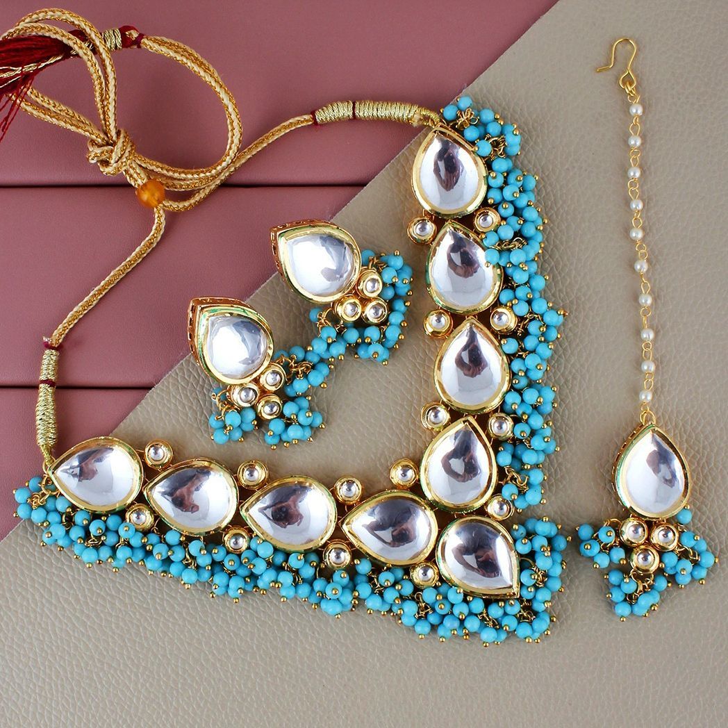 LUCKY JEWELLERY Back Meenakari 18k Gold Plated Firozi Color Tika Earring Combo Uncut Big Faux Kundan Choker Necklace set (1122-J5SK-1698-F)