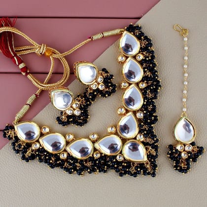 LUCKY JEWELLERY Back Meenakari 18k Gold Plated Black Color Tika Earring Combo Uncut Big Faux Kundan Choker Necklace set (1122-J5SK-1698-BL) LUCKY JEWELLERY Back Meenakari 18k Gold Plated Black Color Tika Earring Combo Uncut Big Faux Kundan Choker Necklace set (1122-J5SK-1698-BL)