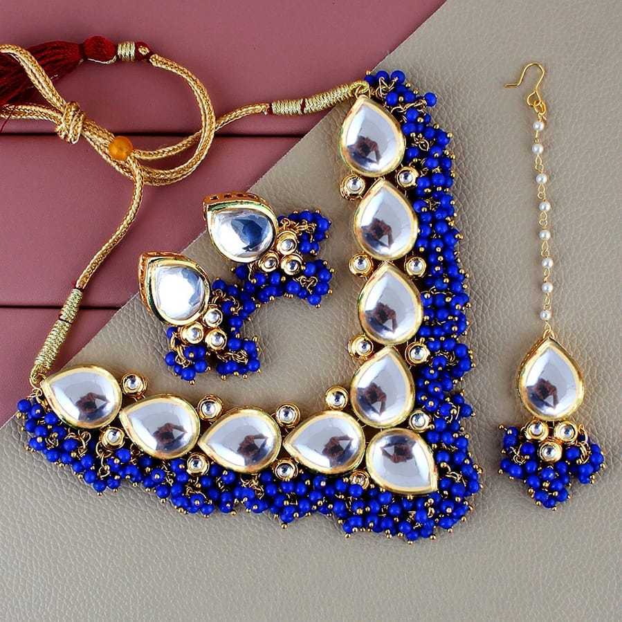 LUCKY JEWELLERY Back Meenakari 18k Gold Plated Blue Color Tika Earring Combo Uncut Big Faux Kundan Choker Necklace set (1122-J5SK-1698-B)