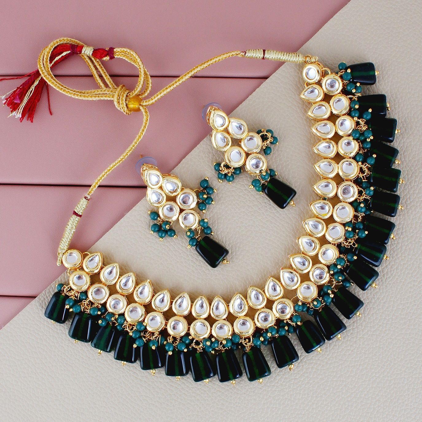 LUCKY JEWELLERY Back Meenakari 18k Gold Plated Green Color Tika Earring Combo Uncut Big Faux Kundan Choker Necklace set (974-J5SK-1782-G)