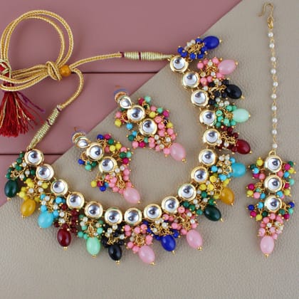 LUCKY JEWELLERY Back Meenakari 18k Gold Plated Multi Color Tika Earring Combo Uncut Big Faux Kundan Choker Necklace set (926-J5SK-1810-MT) LUCKY JEWELLERY Back Meenakari 18k Gold Plated Multi Color Tika Earring Combo Uncut Big Faux Kundan Choker Necklace set (926-J5SK-1810-MT)