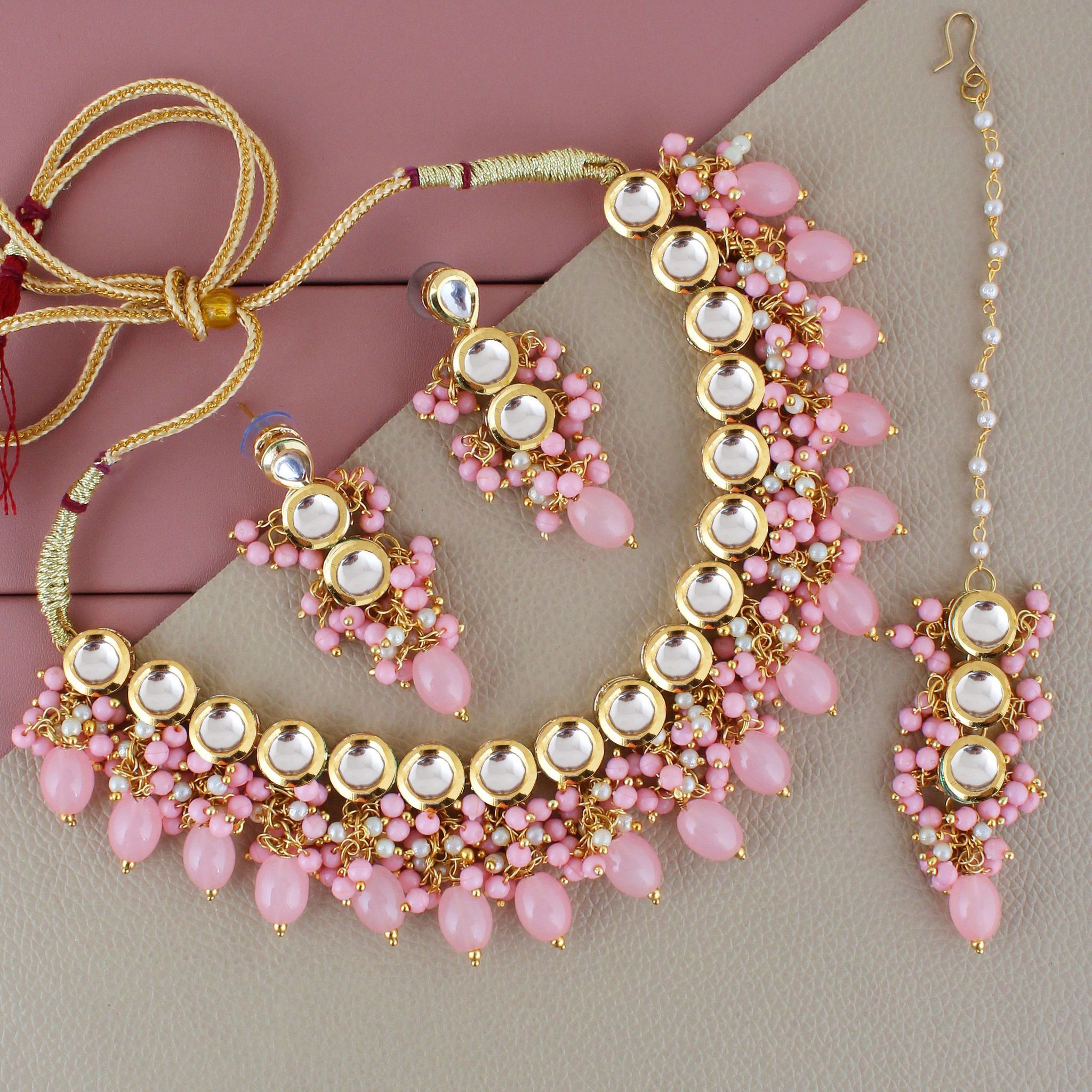 LUCKY JEWELLERY Back Meenakari 18k Gold Plated Pink Color Tika Earring Combo Uncut Big Faux Kundan Choker Necklace set (926-J5SK-1810-PK)