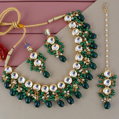 LUCKY JEWELLERY Back Meenakari 18k Gold Plated Green Color Tika Earring Combo Uncut Big Faux Kundan Choker Necklace set (926-J5SK-1810-G) LUCKY JEWELLERY Back Meenakari 18k Gold Plated Green Color Tika Earring Combo Uncut Big Faux Kundan Choker Necklace set (926-J5SK-1810-G)