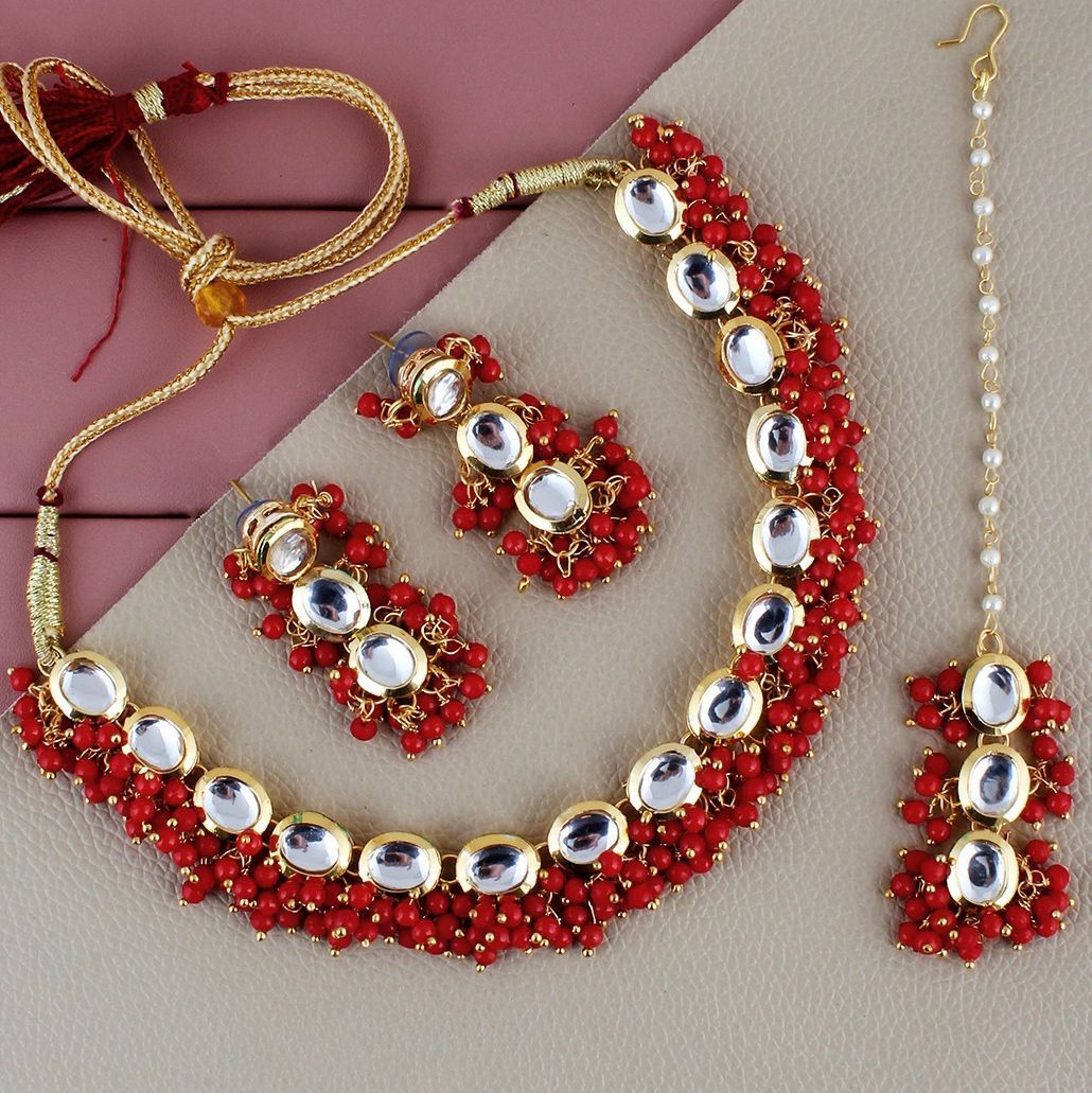 LUCKY JEWELLERY Back Meenakari 18k Gold Plated Red Color Tika Earring Combo Uncut Big Faux Kundan Choker Necklace set (796-J5SK-1811-RED)