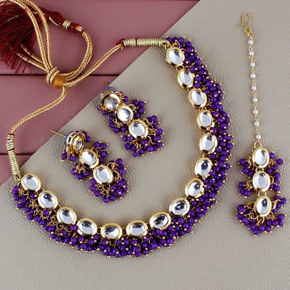 LUCKY JEWELLERY Back Meenakari 18k Gold Plated Purple Color Tika Earring Combo Uncut Big Faux Kundan Choker Necklace set (796-J5SK-1811-P) LUCKY JEWELLERY Back Meenakari 18k Gold Plated Purple Color Tika Earring Combo Uncut Big Faux Kundan Choker Necklace set (796-J5SK-1811-P)