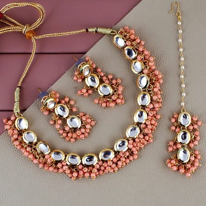 LUCKY JEWELLERY Back Meenakari 18k Gold Plated Peach Color Tika Earring Combo Uncut Big Faux Kundan Choker Necklace set (796-J5SK-1811-PH)
