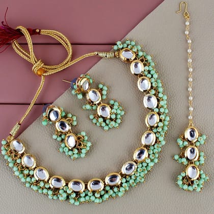 LUCKY JEWELLERY Back Meenakari 18k Gold Plated Mint Color Tika Earring Combo Uncut Big Faux Kundan Choker Necklace set (796-J5SK-1811-MNT) LUCKY JEWELLERY Back Meenakari 18k Gold Plated Mint Color Tika Earring Combo Uncut Big Faux Kundan Choker Necklace set (796-J5SK-1811-MNT)