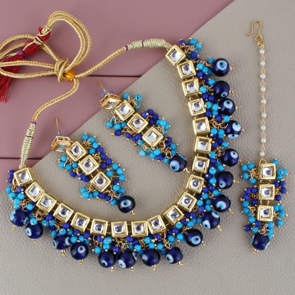 LUCKY JEWELLERY Back Meenakari 18k Gold Plated Blue Color Tika Earring Combo Uncut Big Faux Kundan Choker Necklace set (990-J5SK-1664-EE) LUCKY JEWELLERY Back Meenakari 18k Gold Plated Blue Color Tika Earring Combo Uncut Big Faux Kundan Choker Necklace set (990-J5SK-1664-EE)