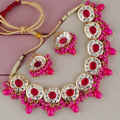 Lucky Jewellery Meenakari 18k Gold Plated Magenta Color  Earring Combo Uncut Big Faux Kundan Necklace set (1010-J5SK-1816-R)