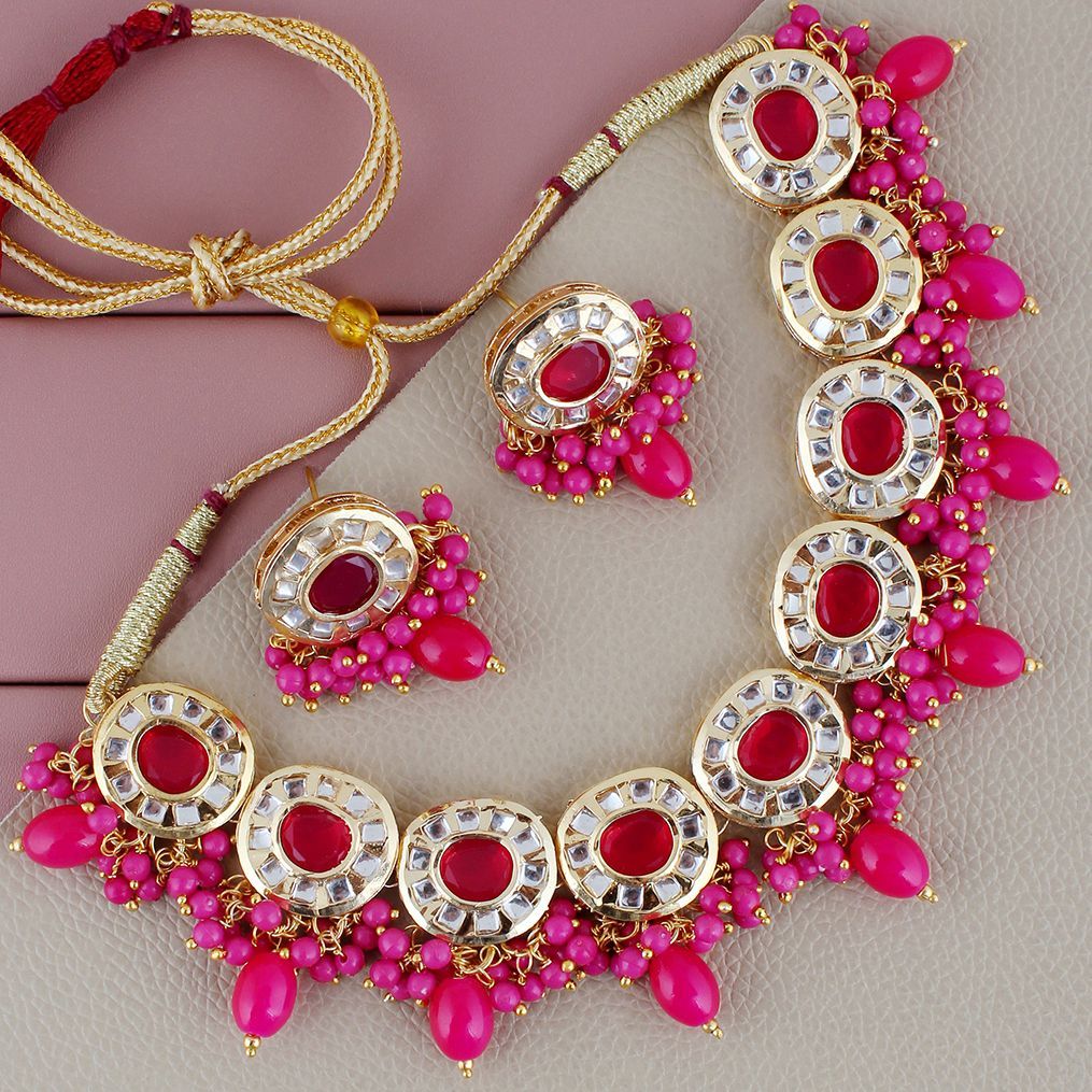 Lucky Jewellery Meenakari 18k Gold Plated Magenta Color  Earring Combo Uncut Big Faux Kundan Necklace set (1010-J5SK-1816-R)