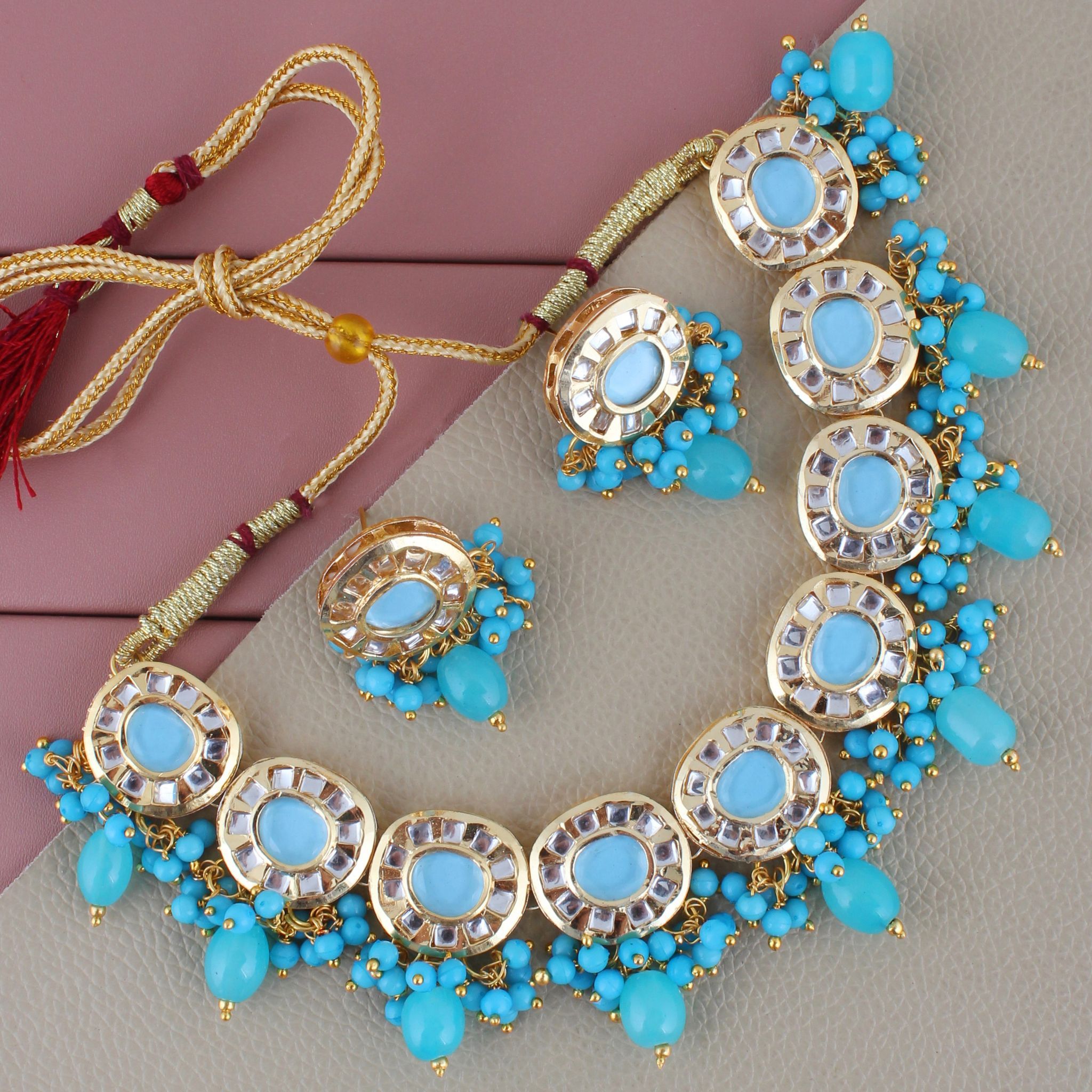 Lucky Jewellery Meenakari 18k Gold Plated Firozi Color  Earring Combo Uncut Big Faux Kundan Choker Necklace set (1010-J5SK-1816-F)