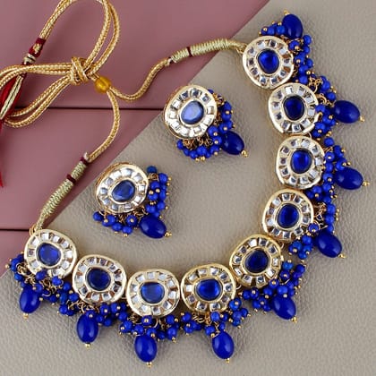 Lucky Jewellery Meenakari 18k Gold Plated Blue Color  Earring Combo Uncut Big Faux Kundan Choker Necklace set (1010-J5SK-1816-B)