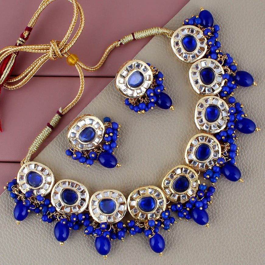 Lucky Jewellery Meenakari 18k Gold Plated Blue Color  Earring Combo Uncut Big Faux Kundan Choker Necklace set (1010-J5SK-1816-B)