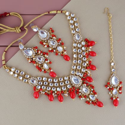 Lucky Jewellery Gold Plated White Red Color Tika Earring Necklace Combo Kundan Jewellery Set (726-MSK-3-LINE-RED)