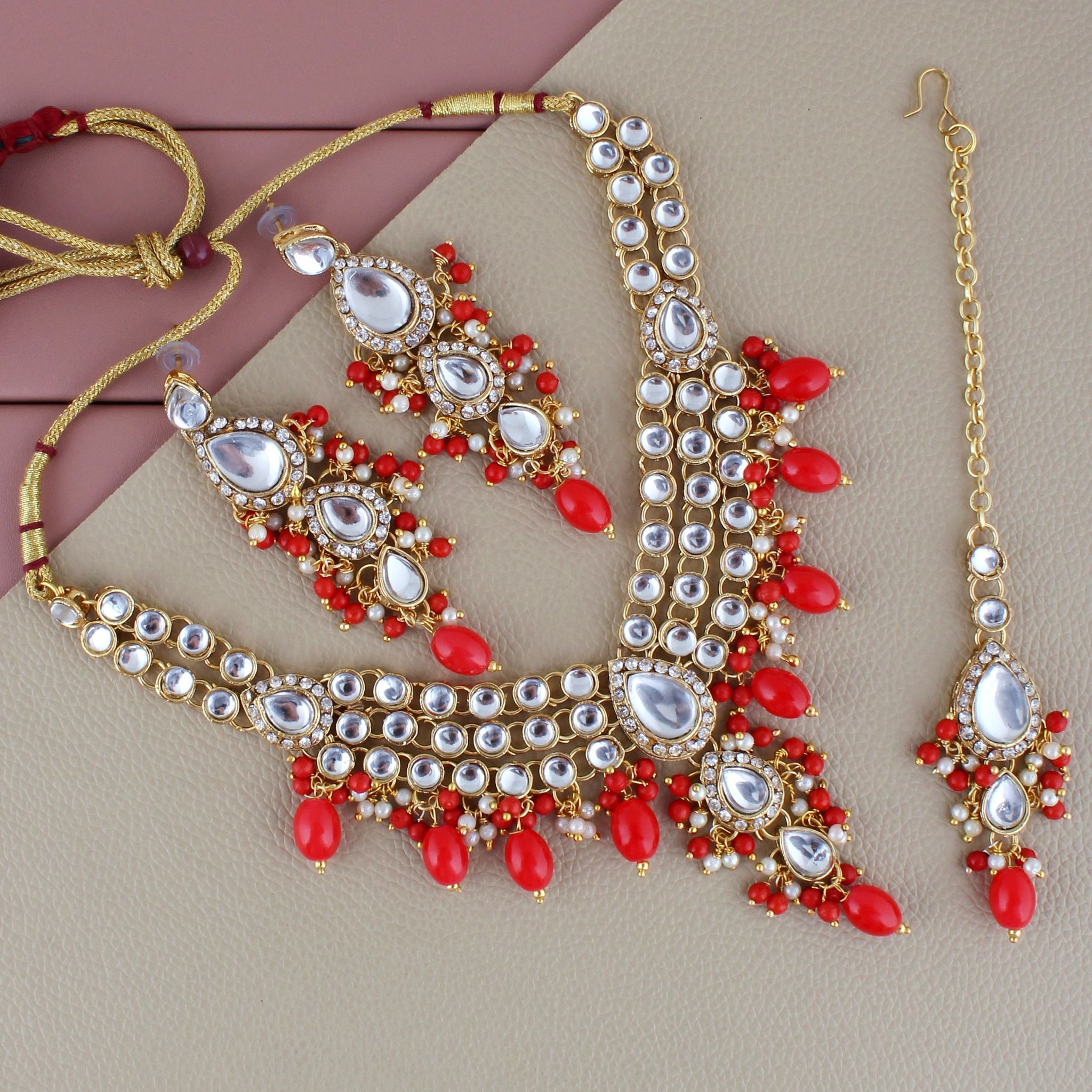 Lucky Jewellery Gold Plated White Red Color Tika Earring Necklace Combo Kundan Jewellery Set (726-MSK-3-LINE-RED)