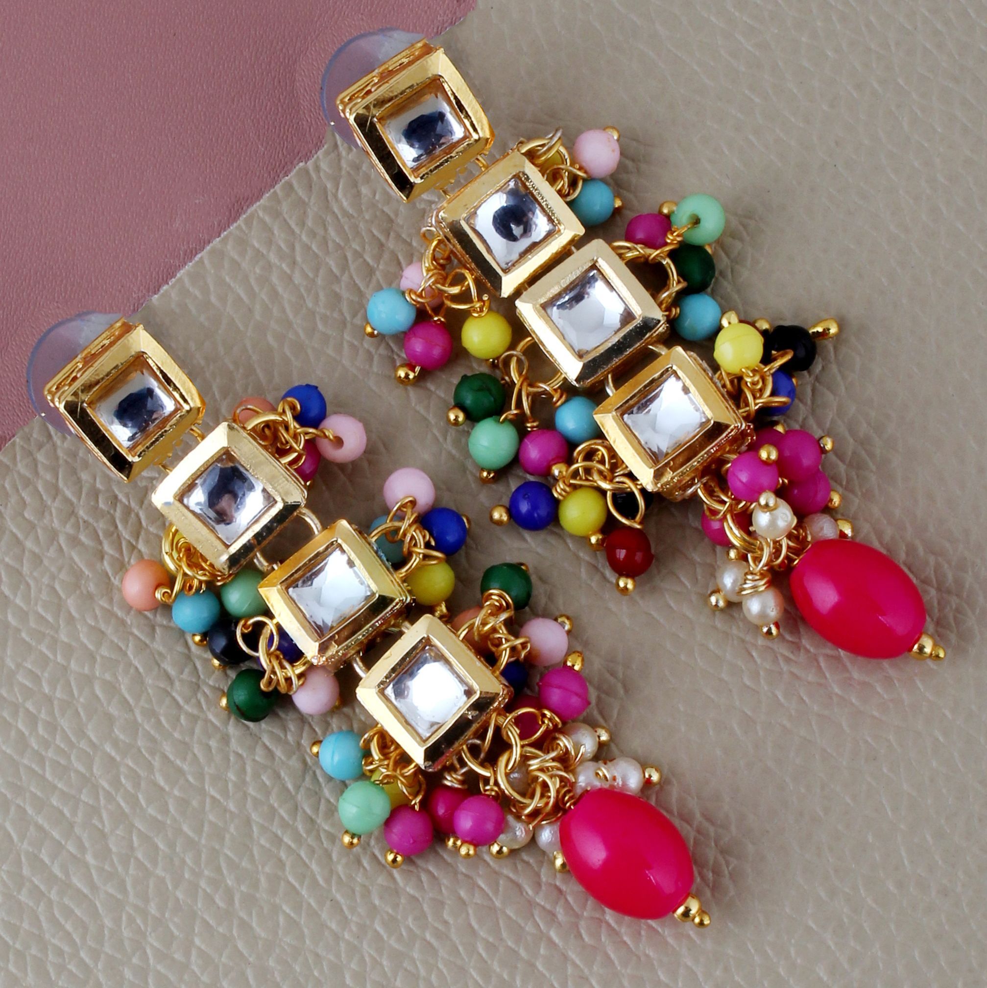 Lucky Jewellery Traditional Back Meenkari Gold Plated uncut kundan Multi Earrings (195-J5EK-1664-MT)