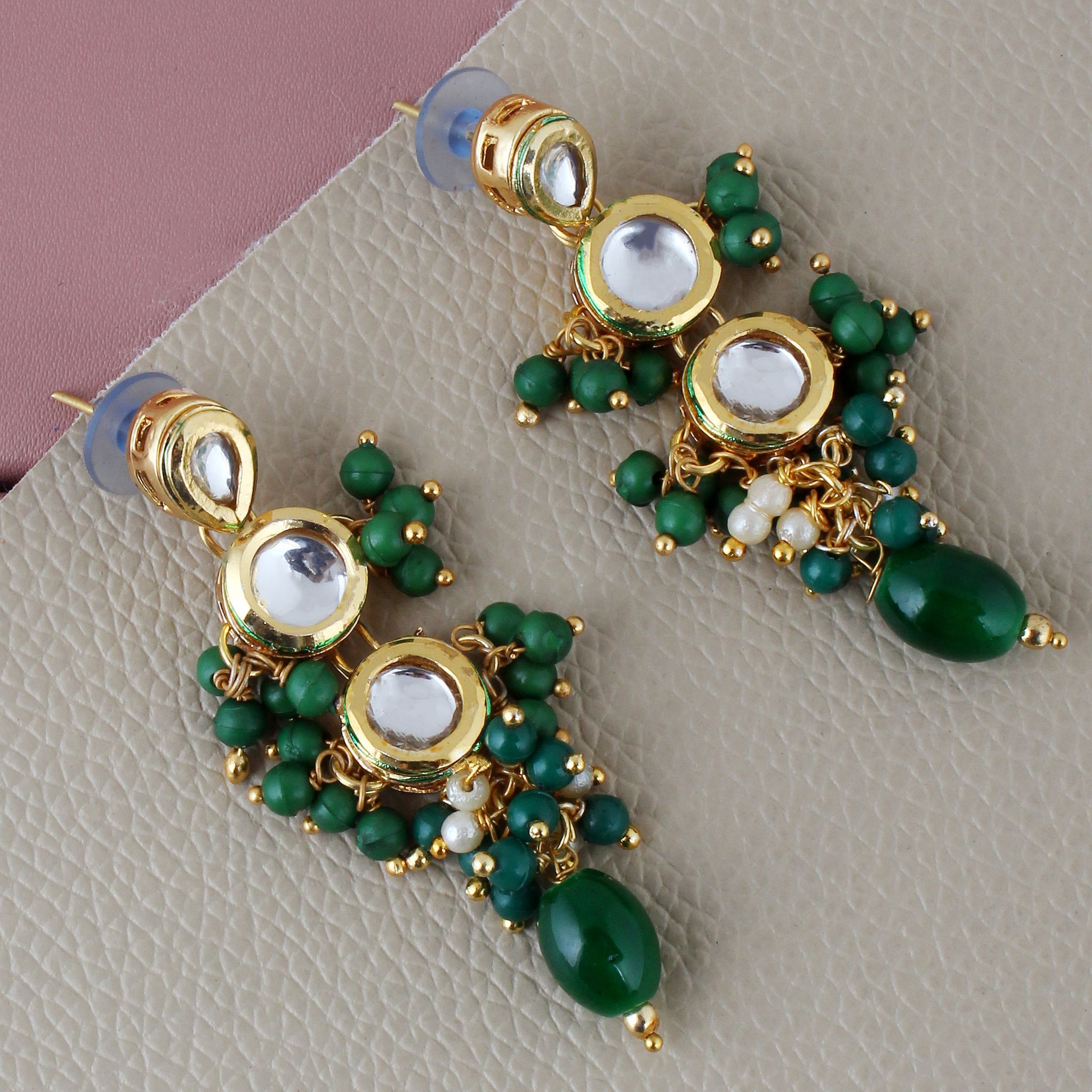 Lucky Jewellery Traditional Back Meenkari Gold Plated uncut kundan Green Earrings (193-J5EK-1810-G)