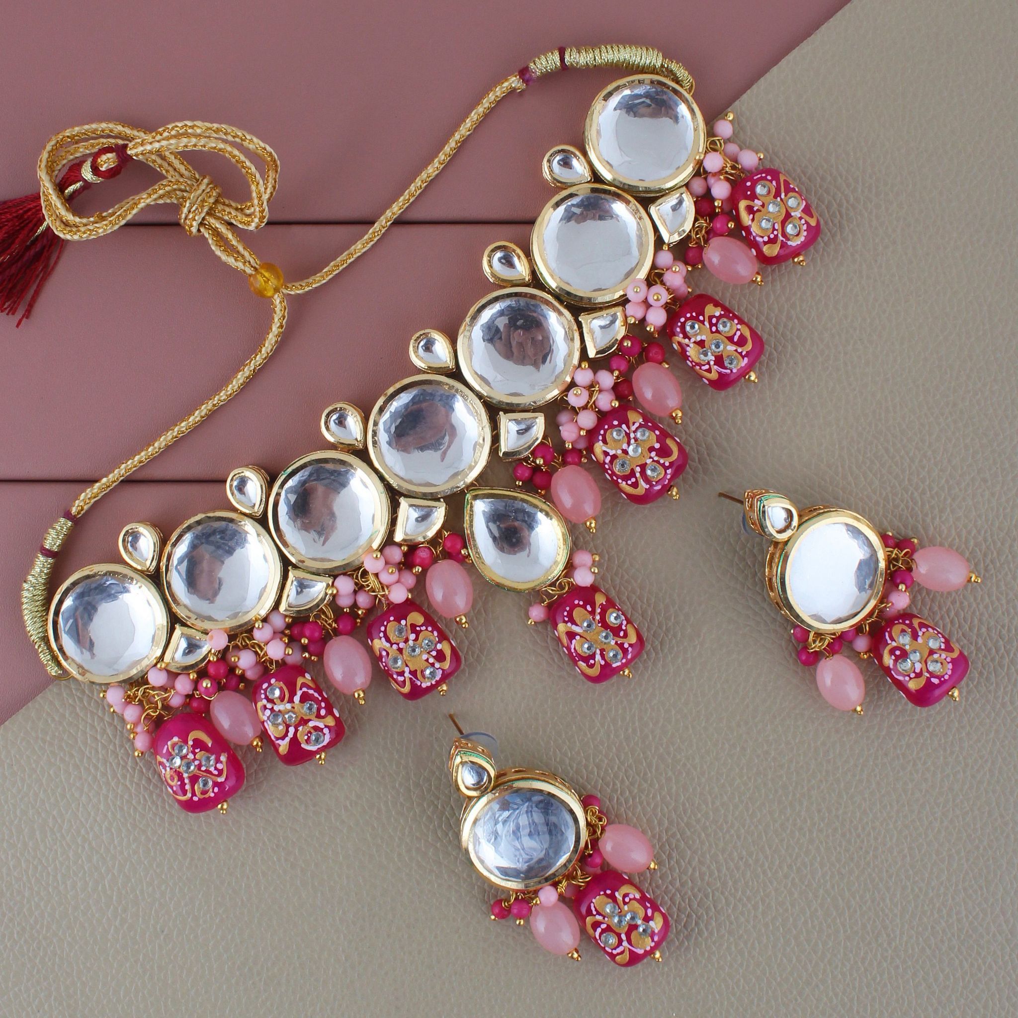 LUCKY JEWELLERY Back Meenakari 18k Gold Plated Multi Color Earring Combo Uncut Big Faux Kundan Choker Necklace set (1565-J5SK-1630-PKR)