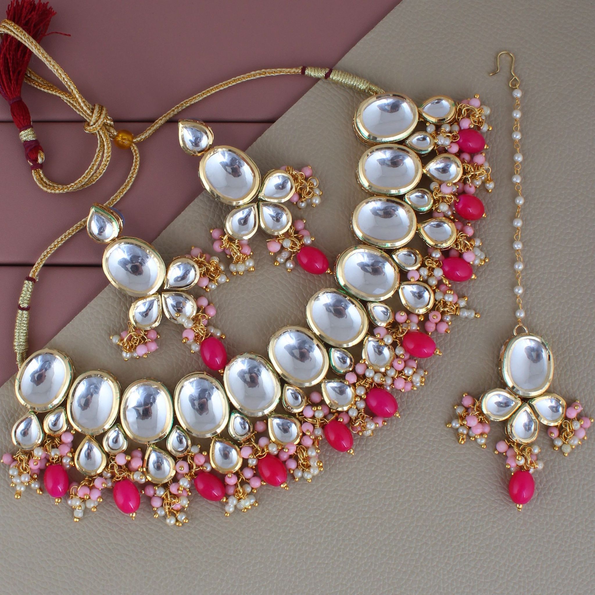 LUCKY JEWELLERY Back Meenakari 18k Gold Plated Multi Color Tika Earring Combo Uncut Big Faux Kundan Choker Necklace set (1425-J5SK-1631-PKR)