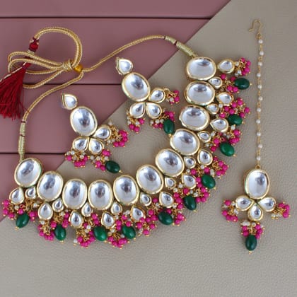 LUCKY JEWELLERY Back Meenakari 18k Gold Plated Multi Color Tika Earring Combo Uncut Big Faux Kundan Choker Necklace set (1425-J5SK-1631-RG) LUCKY JEWELLERY Back Meenakari 18k Gold Plated Multi Color Tika Earring Combo Uncut Big Faux Kundan Choker Necklace set (1425-J5SK-1631-RG)