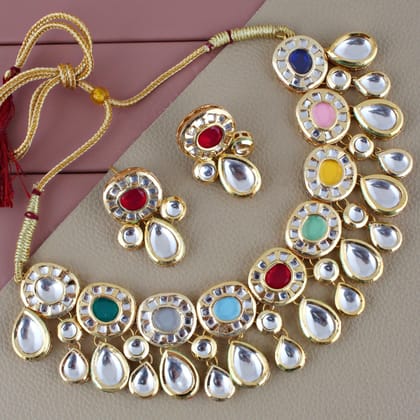 LUCKY JEWELLERY Back Meenakari 18k Gold Plated Multi Color Earring Combo Uncut Big Faux Kundan Choker Necklace set (1403-J5SK-1836-MT) LUCKY JEWELLERY Back Meenakari 18k Gold Plated Multi Color Earring Combo Uncut Big Faux Kundan Choker Necklace set (1403-J5SK-1836-MT)