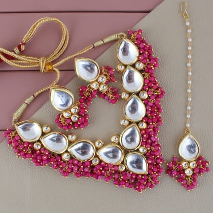 LUCKY JEWELLERY Back Meenakari 18k Gold Plated Magenta Color Tika Earring Combo Uncut Big Faux Kundan Choker Necklace set (1122-J5SK-1698-R) LUCKY JEWELLERY Back Meenakari 18k Gold Plated Magenta Color Tika Earring Combo Uncut Big Faux Kundan Choker Necklace set (1122-J5SK-1698-R)