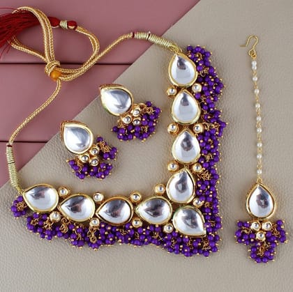 LUCKY JEWELLERY Back Meenakari 18k Gold Plated Purple Color Tika Earring Combo Uncut Big Faux Kundan Choker Necklace set (1122-J5SK-1698-P) LUCKY JEWELLERY Back Meenakari 18k Gold Plated Purple Color Tika Earring Combo Uncut Big Faux Kundan Choker Necklace set (1122-J5SK-1698-P)