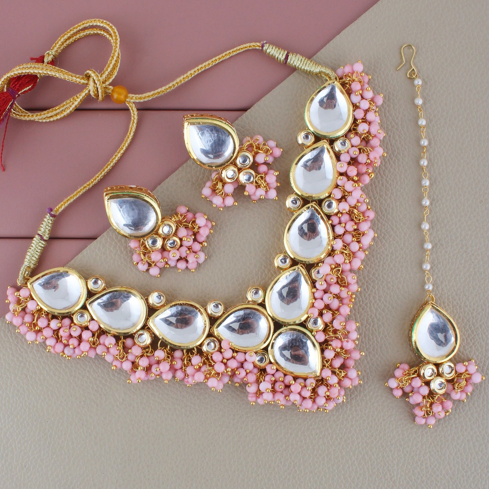 LUCKY JEWELLERY Back Meenakari 18k Gold Plated Pink Color Tika Earring Combo Uncut Big Faux Kundan Choker Necklace set (1122-J5SK-1698-PK)
