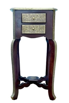Creative Handicraft45 Wooden with Brass Bedside Table Antique Look with Drawer Storage for Living Room Bedroom Side End Stool