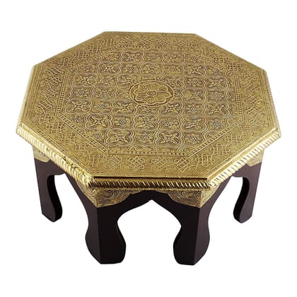 Creative Handicraft45  Octagonal Shape Wood Chowki | Brass Work Pooja Bajot Stool | Home Decor Sitting Table (Gold color)