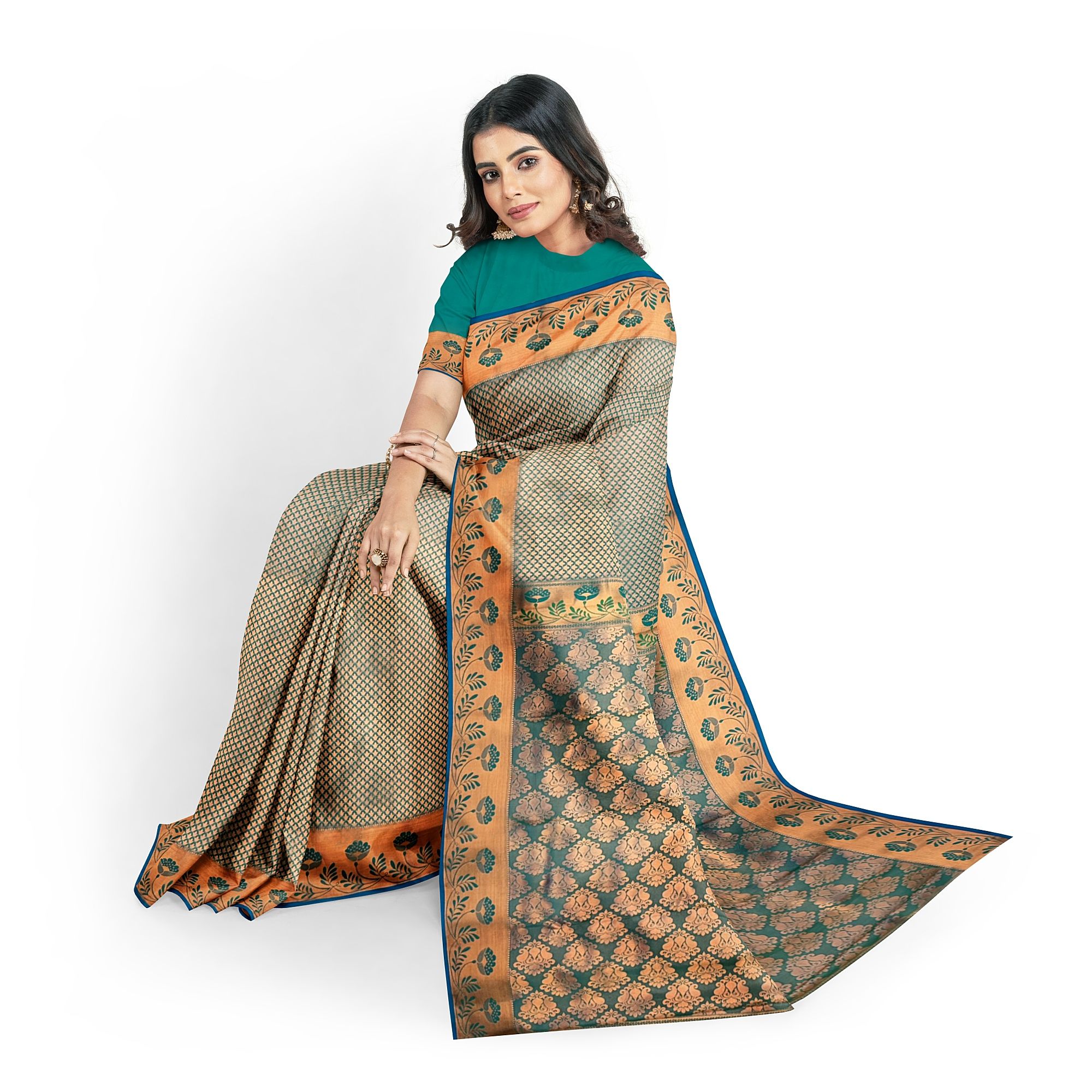 Peacock Green Color Double Shaded Zari Woven Saree with Unstitched Blouse
