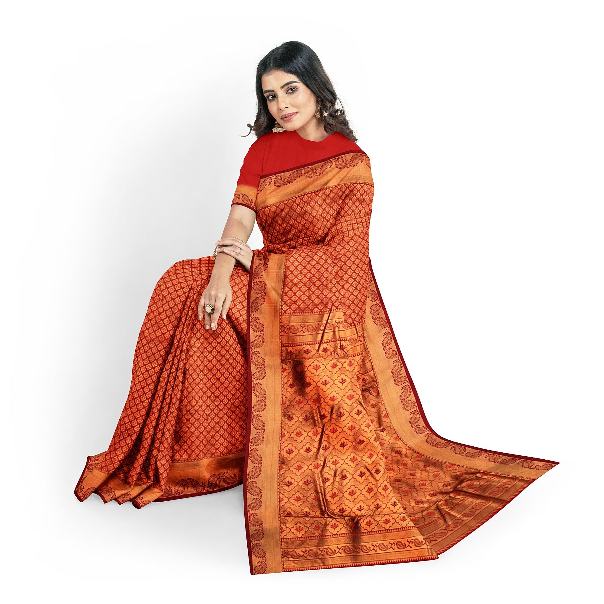 Dark Red Color Double Shaded Zari Woven Saree with Unstitched Blouse