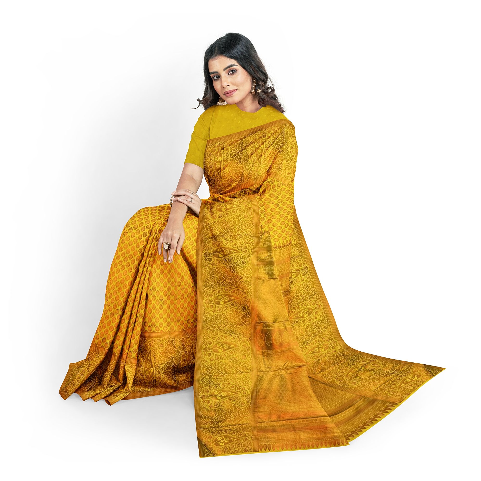 Mustard Yellow Double Shaded Zari Woven Saree with Unstitched Blouse