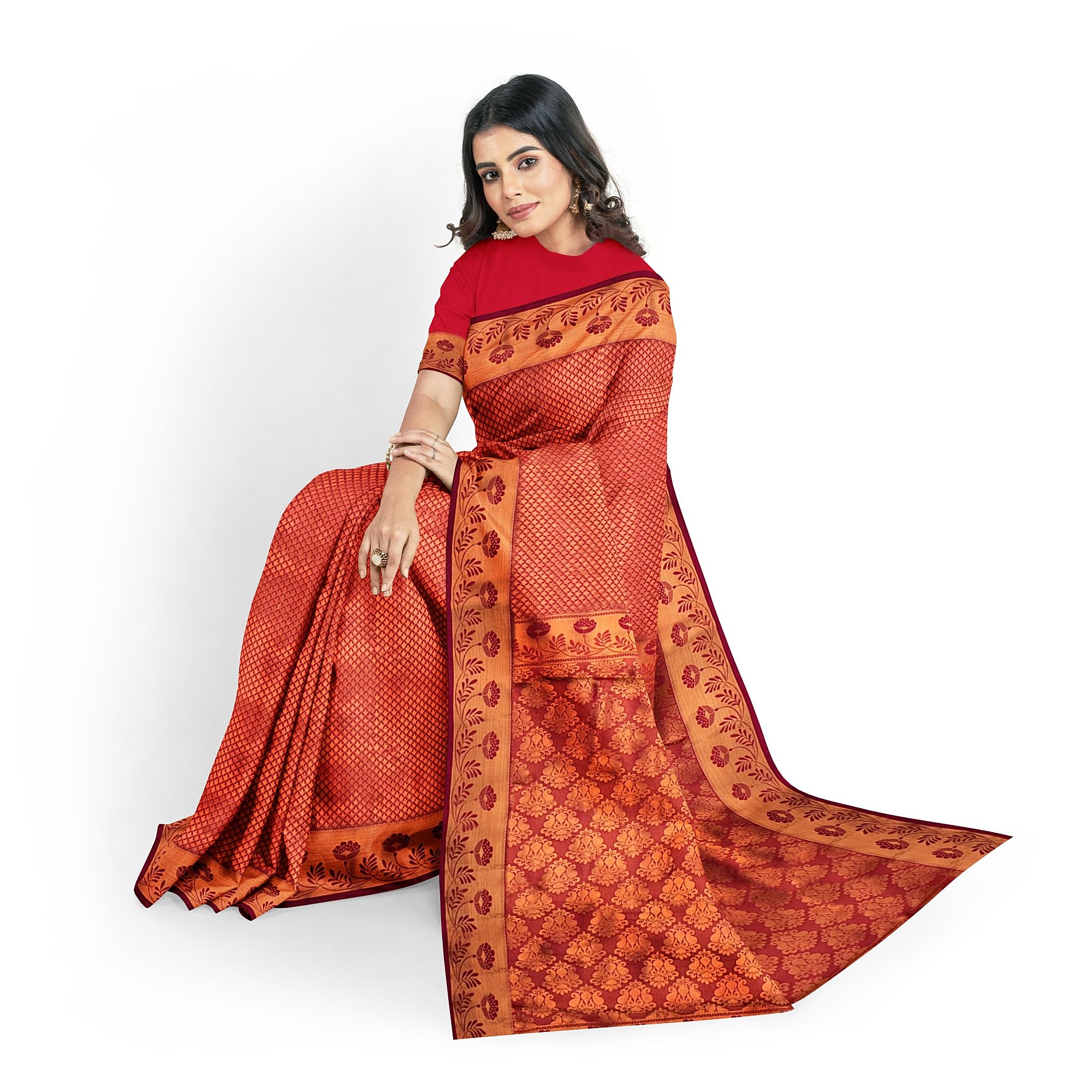 Bright Red Color Double Shaded Zari Woven Saree