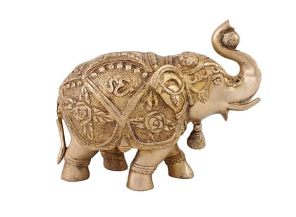 Arihant Craft� Ethnic Decor Elephant Standing Trunk Up Bell in Neck Statue Sculpture Showpiece Hand Work � 20.5 cm (Brass, Gold) Arihant Craft� Ethnic Decor Elephant Standing Trunk Up Bell in Neck Statue Sculpture Showpiece Hand Work � 20.5 cm (Brass, Gold)