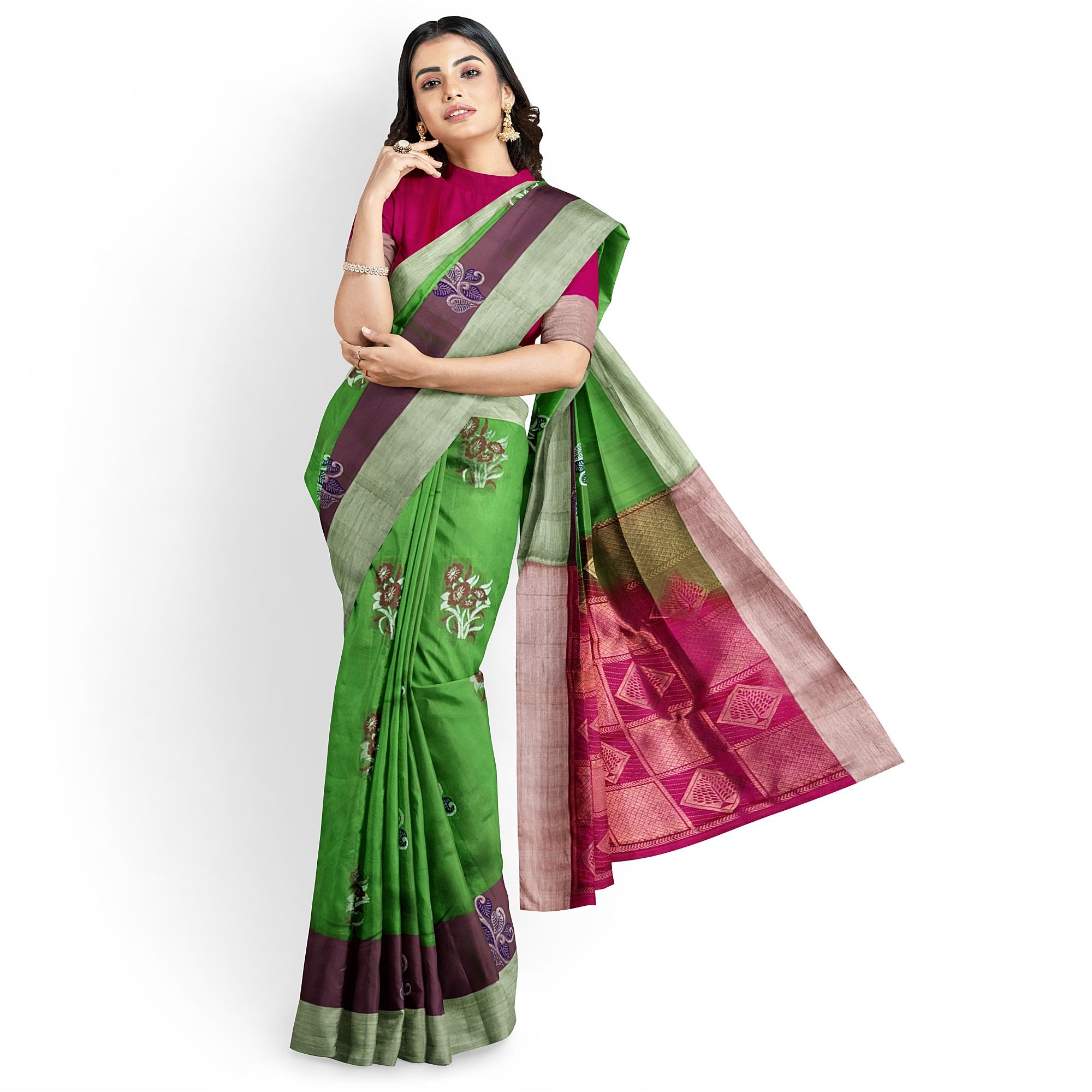 Green Color Beautiful Floral Butta Kanjivaram Pure Silk Saree
