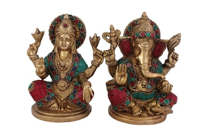 Arihant Craft� Hindu God Lakshmi Ganesha Idol Turquoise Gem Stone Hand Work Showpiece � 18 cm (Brass, Multicolour)
