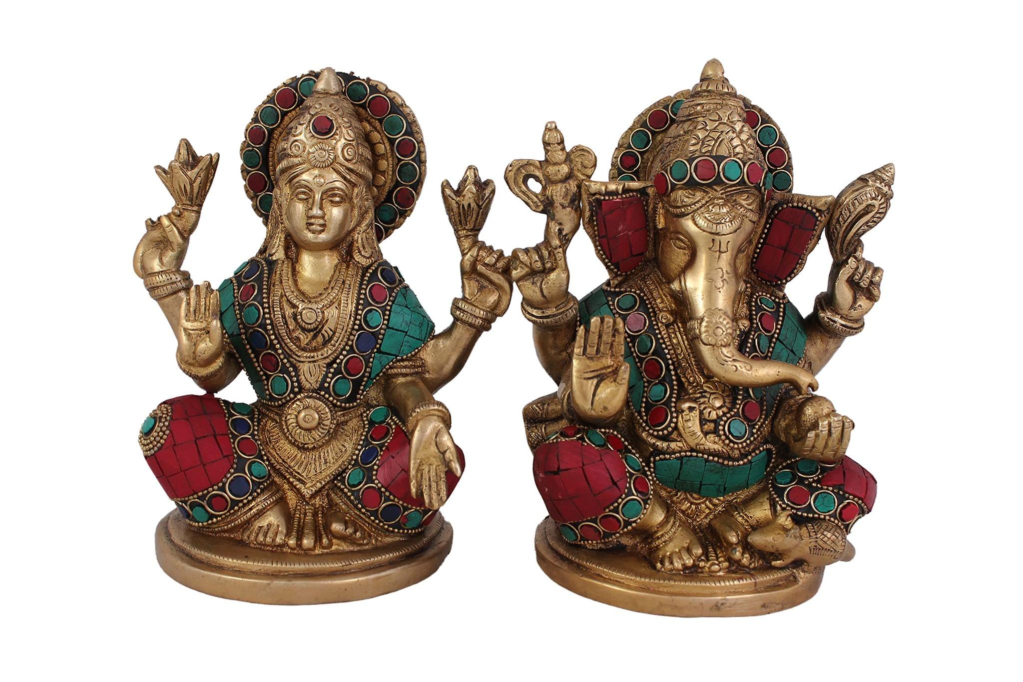 Arihant Craft� Hindu God Lakshmi Ganesha Idol Turquoise Gem Stone Hand Work Showpiece � 18 cm (Brass, Multicolour)