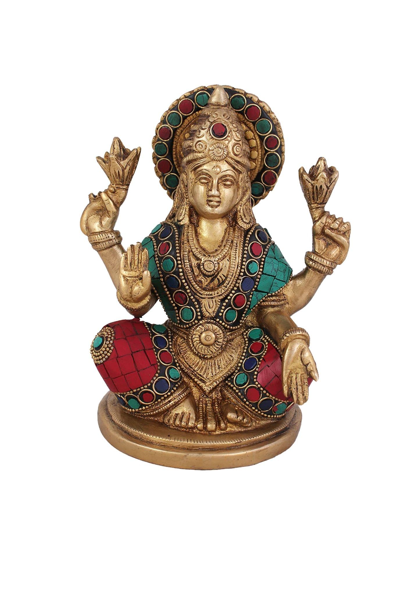 Arihant Craft� Hindu Goddesses Lakshmi Idol Turquoise Gem Stone Hand Work Showpiece � 17 cm (Brass, Multicolour)