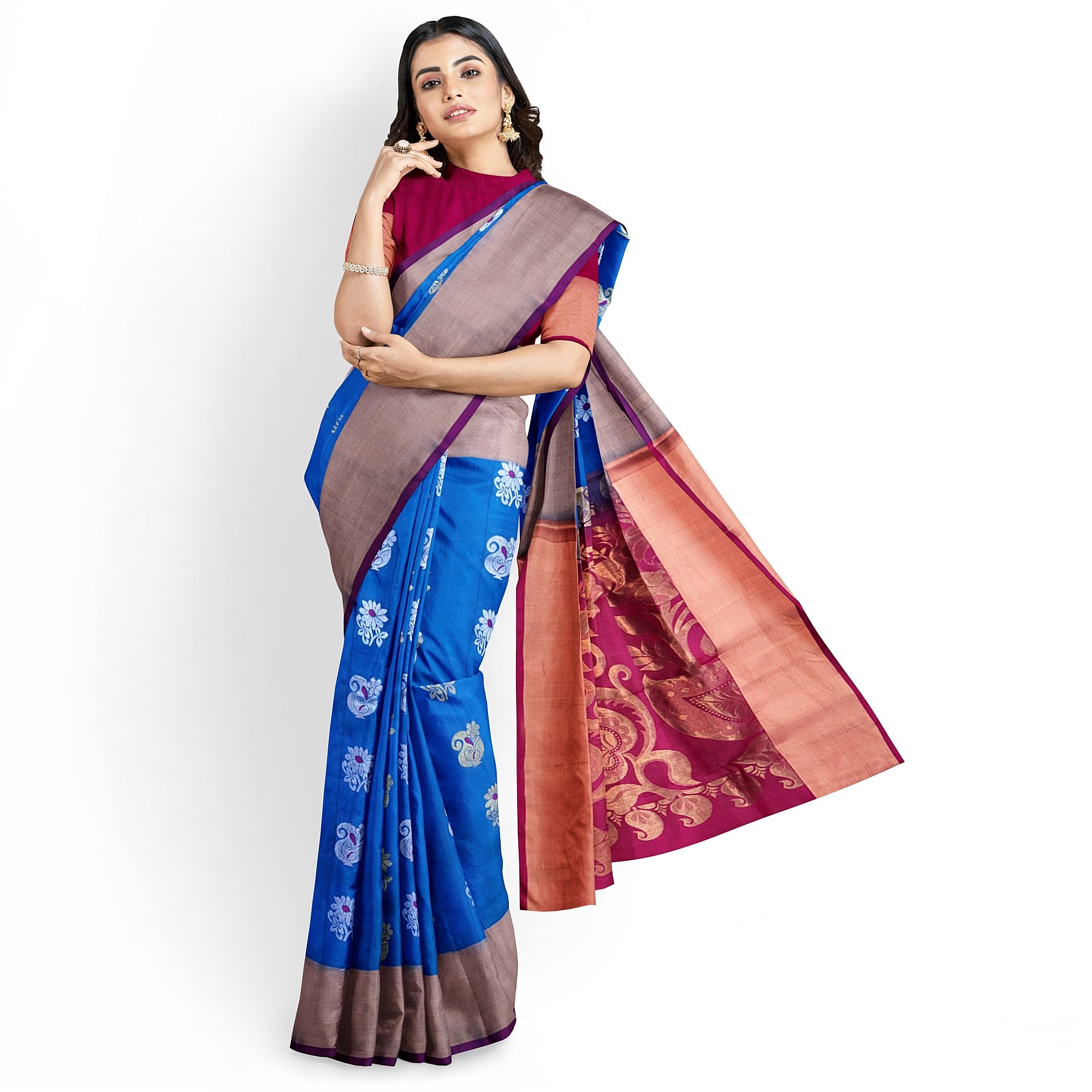 Blue Color Medium Border Mango & Floral Butta Kanjivaram Pure Silk Saree