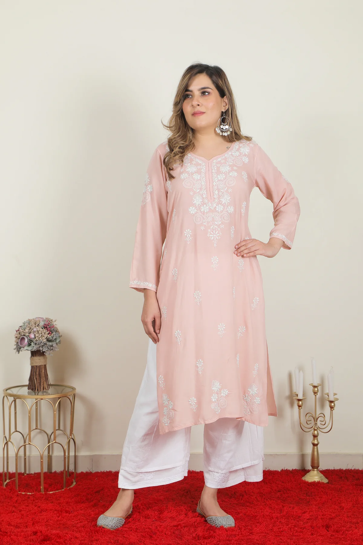 NOORAIN LUCKNOWI CHIKANKARI MUSLIN KURTI FOR WOMEN | PINK |