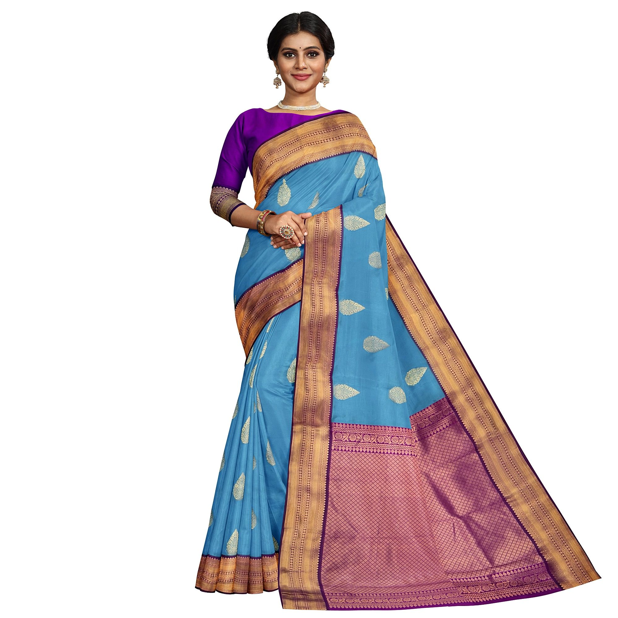 Turqoise Color Korvai Saree Has Contrast Pallu and Border with Unstitched Blouse
