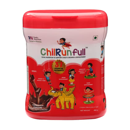 ChilRun Full 2+ Health and Nutrition Drink, Chocolate, 400g, Jar. Total Nutrition For Children’s Growth, Supports Weight & Height Gain, Immune Function & Brain Development. ChilRun Full 2+ Health and Nutrition Drink, Chocolate, 400g, Jar. Total Nutrition For Children’s Growth, Supports Weight & Height Gain, Immune Function & Brain Development.