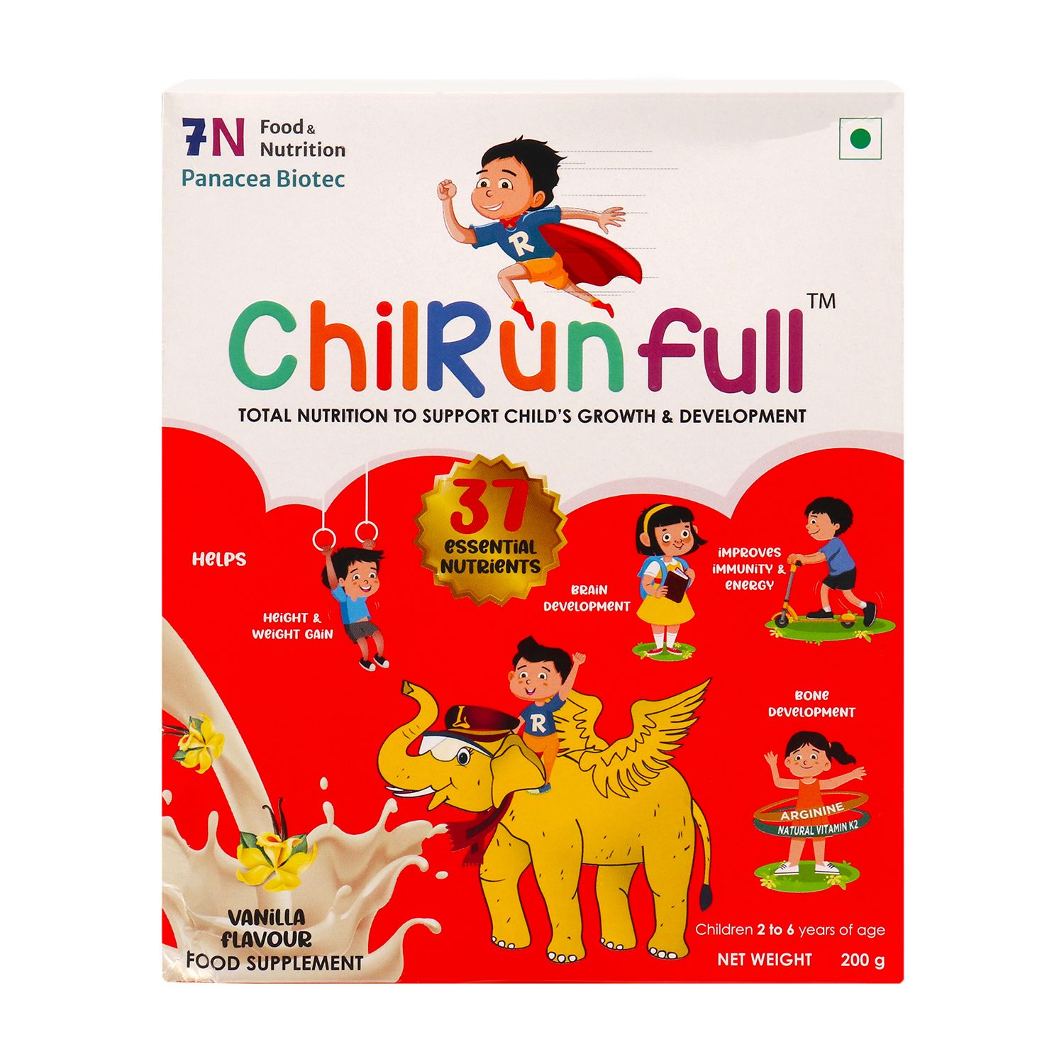 ChilRun Full 2+, Health and Nutrition Drink, Vanilla, 200g, Box. Total Nutrition For Children’s Growth, Supports Weight & Height Gain, Immune Function & Brain Development.