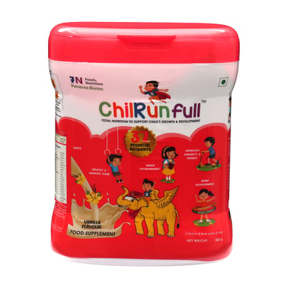 ChilRun Full 2+, Health and Nutrition Drink, Vanilla, 400g, Jar. Total Nutrition For Children’s Growth, Supports Weight & Height Gain, Immune Function & Brain Development. ChilRun Full 2+, Health and Nutrition Drink, Vanilla, 400g, Jar. Total Nutrition For Children’s Growth, Supports Weight & Height Gain, Immune Function & Brain Development.