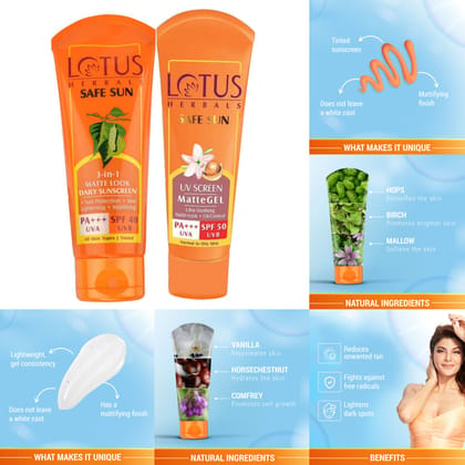 Lotus Herbals Safe Sun 3-In-1 Matte-Look Daily Sunscreen PA+++ SPF- 40 (50g) + Lotus Herbals Safe Sun UV Screen Matte Gel PA+++ SPF - 50 (50g) Pack of 2