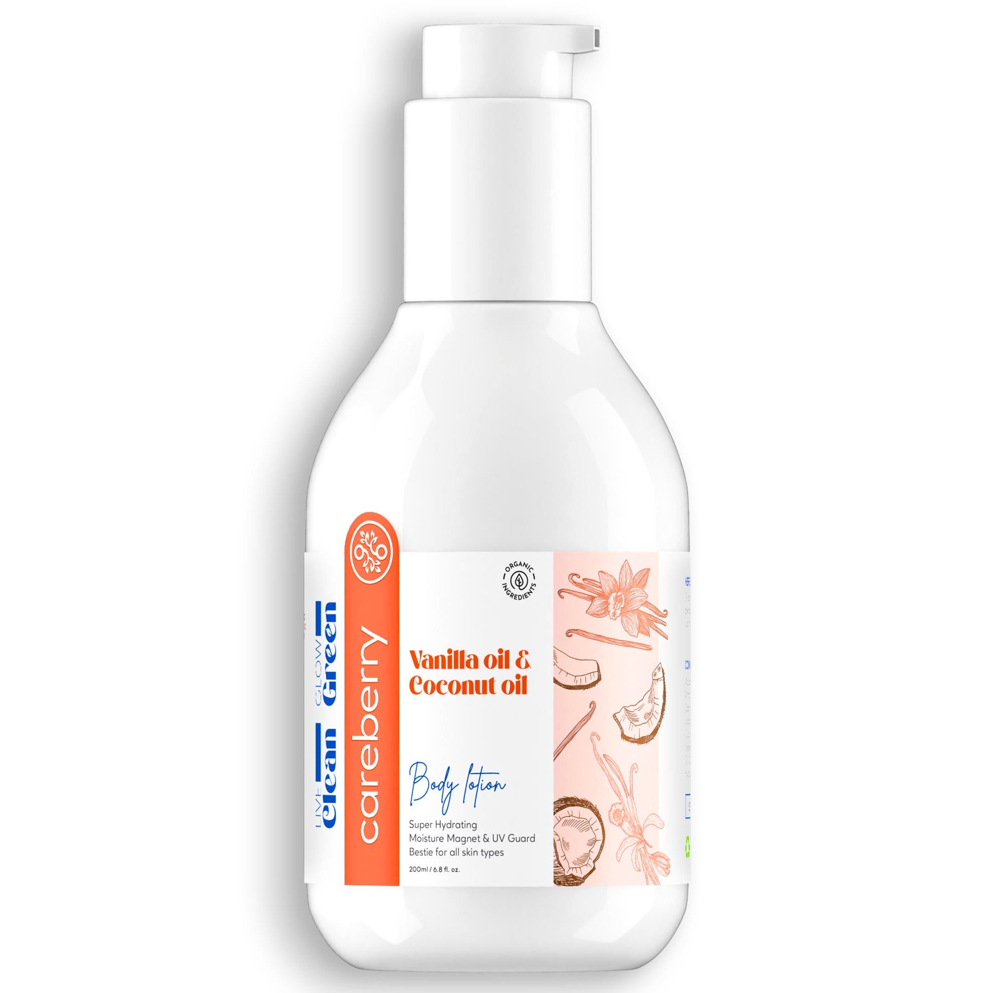 Careberry Vanilla & Extra Virgin Coconut Oil Body Lotion, Ultra Moisture, Fast-Absorbing, Ayush Certified, Paraben & Silicone Free 200ml