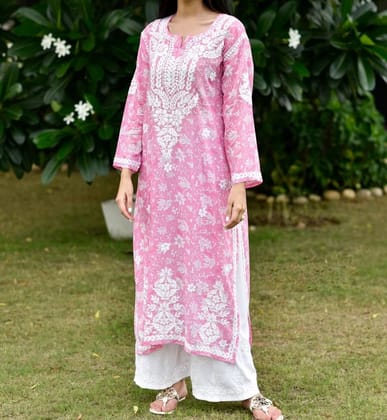 Pure Mulmul Cotton Chikankari Pink kurti